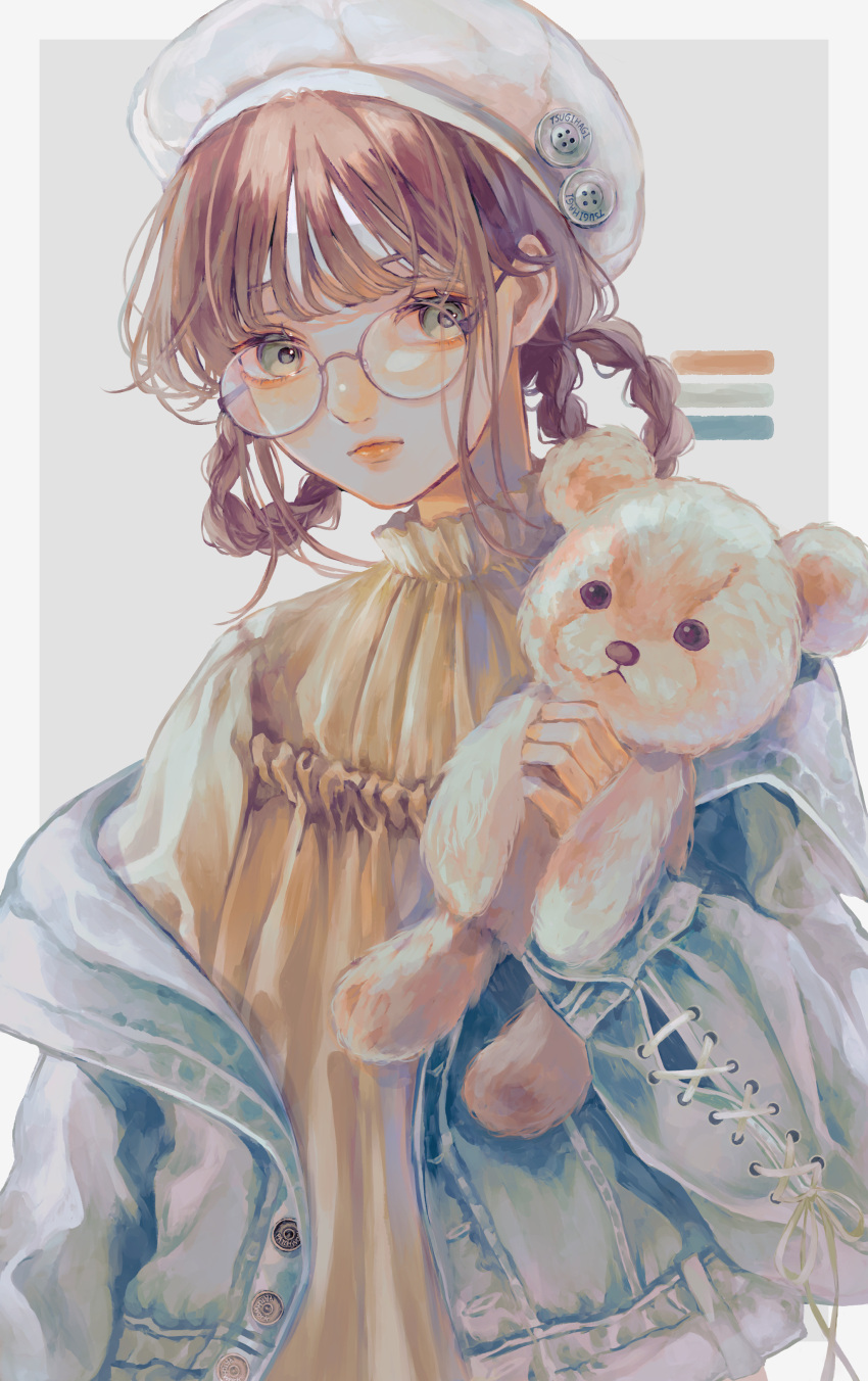 1girl absurdres braid brown_hair denim eyebrows_visible_through_hair glasses green_eyes highres holding holding_stuffed_toy jacket looking_at_viewer original patchwork simple_background solo stuffed_animal stuffed_toy teddy_bear twin_braids