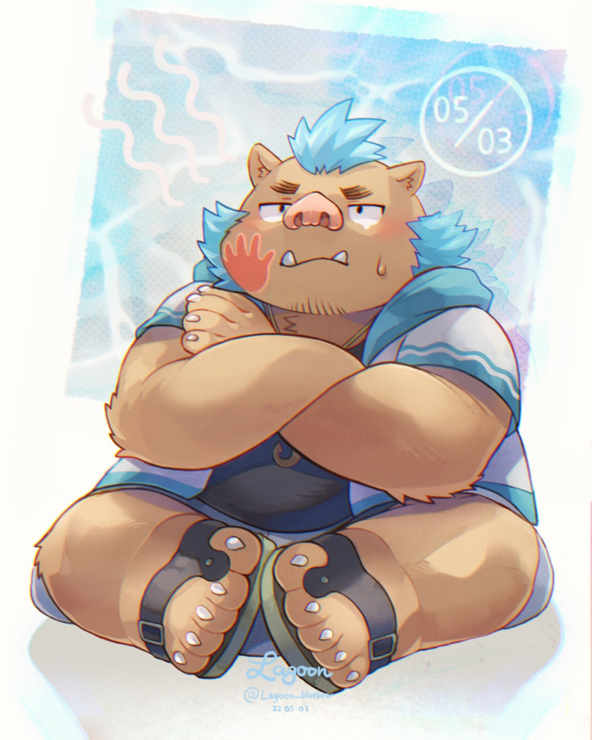 2022 anthro belly big_belly brown_body clothing footwear gouryou hi_res hoodie humanoid_hands kemono lagoon_bluebear lifewonders male mammal overweight overweight_male sandals shirt sitting solo suid suina sus_(pig) tokyo_afterschool_summoners topwear video_games wild_boar