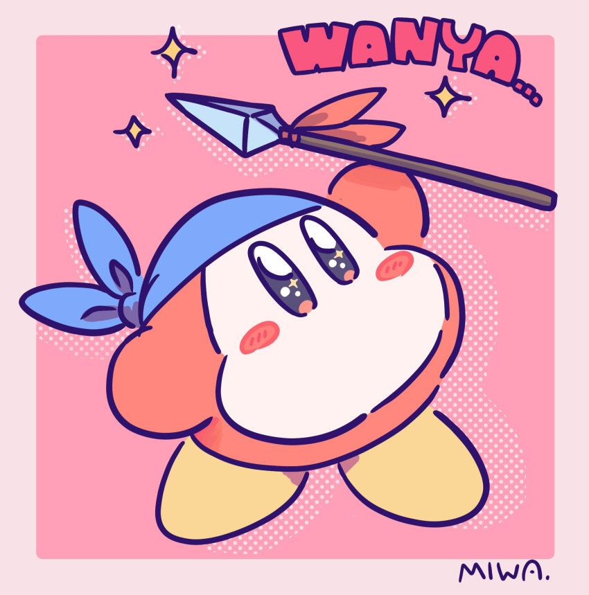 arm_up artist_name bandana bandana_waddle_dee black_eyes blue_headwear border commentary_request flat_color full_body highres holding holding_polearm holding_weapon kirby_(series) looking_up miwa_(ahyuck) no_humans no_mouth pink_background pink_border polearm signature simple_background sketch solid_oval_eyes solo sparkle spear standing waddle_dee weapon