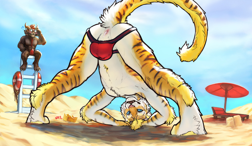absurd_res anthro anus ass_up balls_outline beach being_watched binoculars bodily_fluids bulge butt charr clothing cum cum_in_ass cum_inside digital_media_(artwork) felid fur genital_fluids genital_outline genitals guild_wars hair hi_res jack-o'_pose jockstrap leaking_cum looking_at_another looking_at_viewer male mammal pantherine pose presenting presenting_hindquarters rytlock_brimstone sand seaside sky smile solo tiger underwear vateo video_games