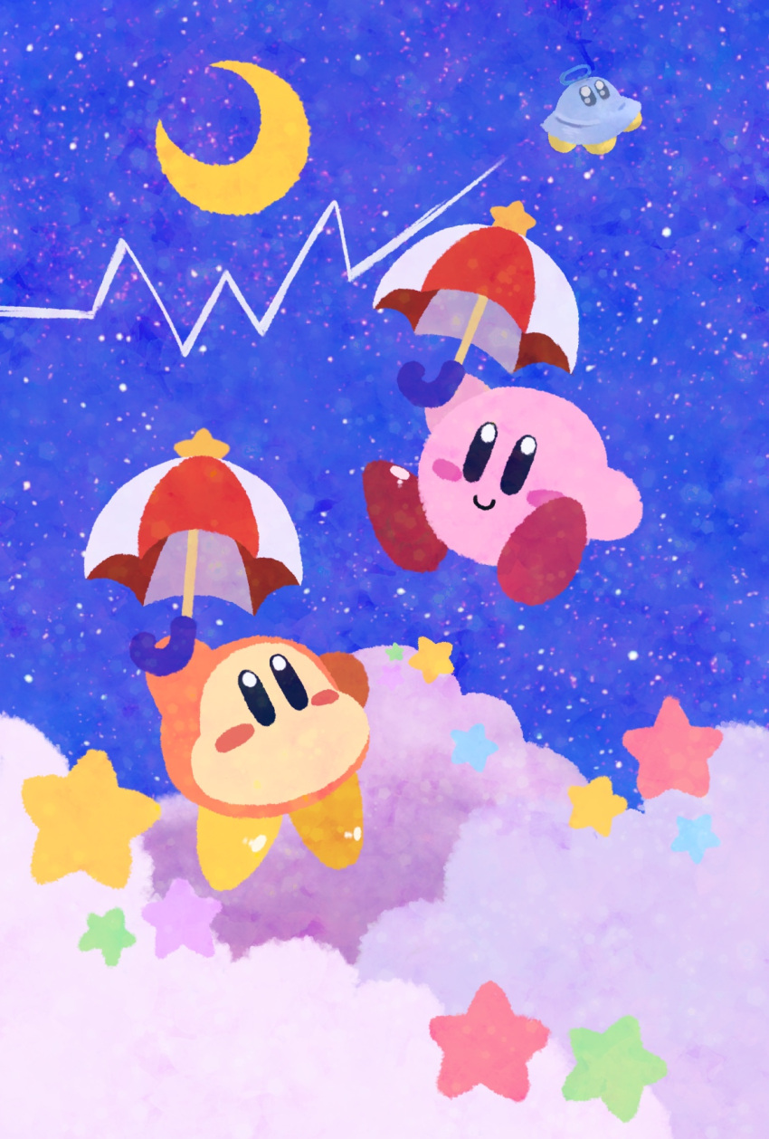 above_clouds arm_up black_eyes blue_background blue_eyes blue_sky blush blush_stickers closed_mouth cloud commentary_request floating full_body happy highres holding holding_umbrella kirby kirby_(series) midair miwa_(ahyuck) night no_humans no_mouth sky smile solid_oval_eyes star_(sky) star_(symbol) starry_sky ufo_(kirby) umbrella waddle_dee