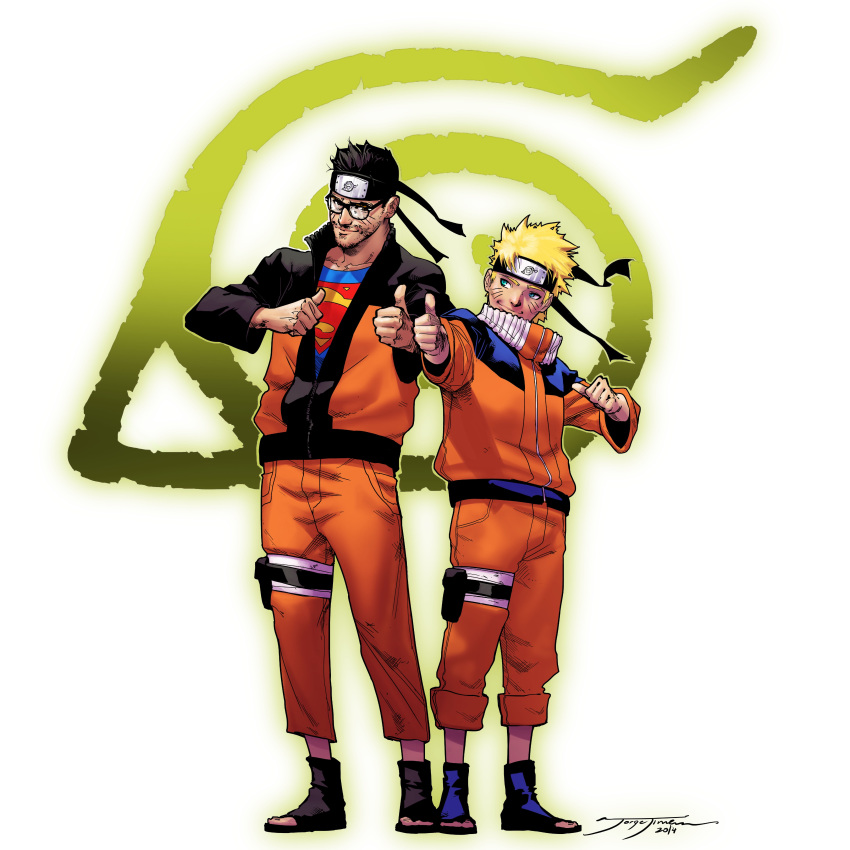 2boys absurdres blonde_hair blue_eyes commentary cosplay dc_comics english_commentary facial_mark forehead_protector highres jorgejimenezart jumpsuit long_sleeves male_focus multiple_boys naruto naruto_(series) ninja orange_jumpsuit short_hair simple_background smile superman superman_(cosplay) superman_(series) thumbs_up uzumaki_naruto whisker_markings white_background