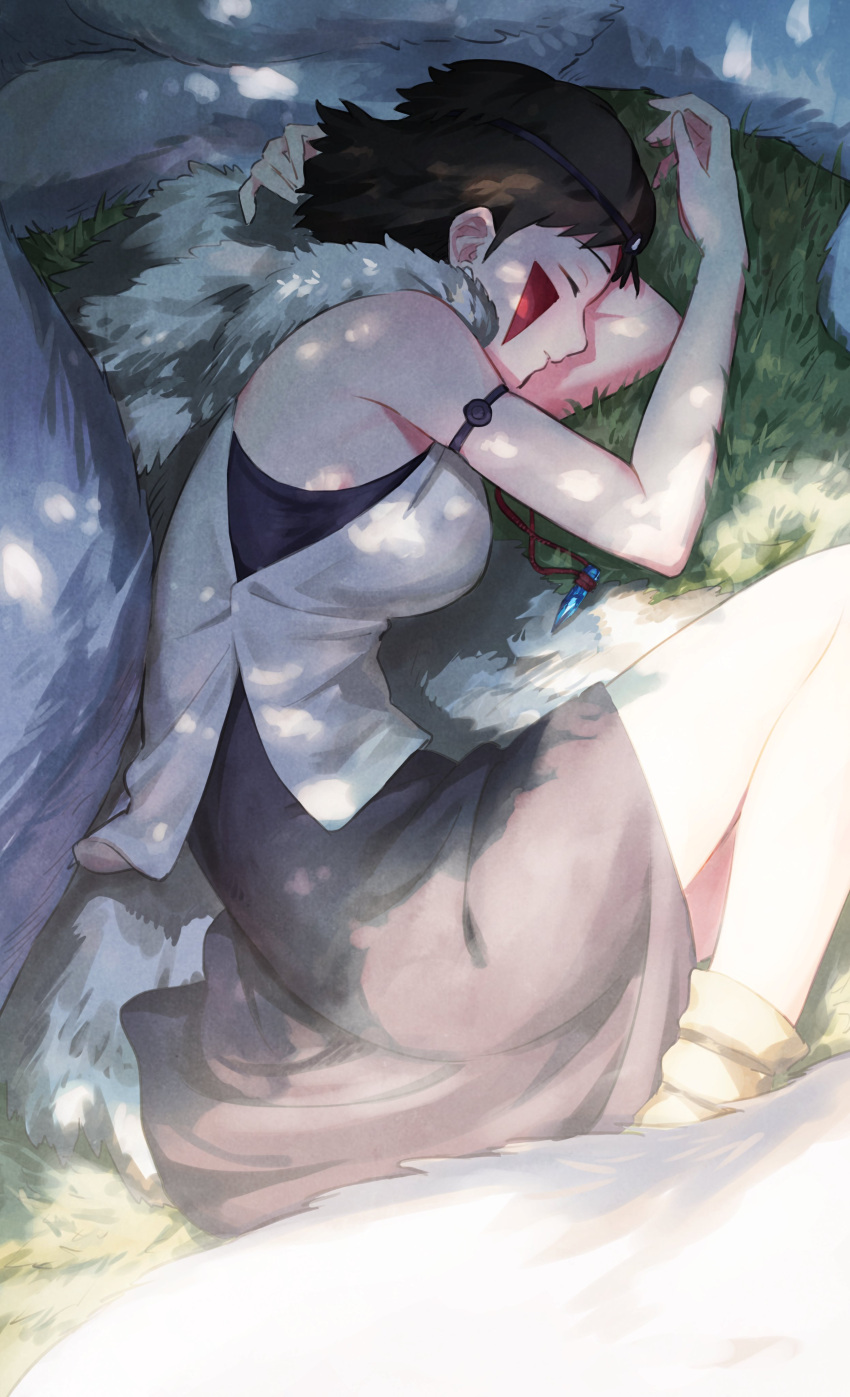 1girl absurdres bangs black_dress breasts brown_hair dress facepaint fur_scarf grass hair_behind_ear highres lying medium_breasts mononoke_hime moro_no_ichizoku nemoto_yuuma on_side open_hand san_(mononoke_hime) short_hair sleeping solo wolf