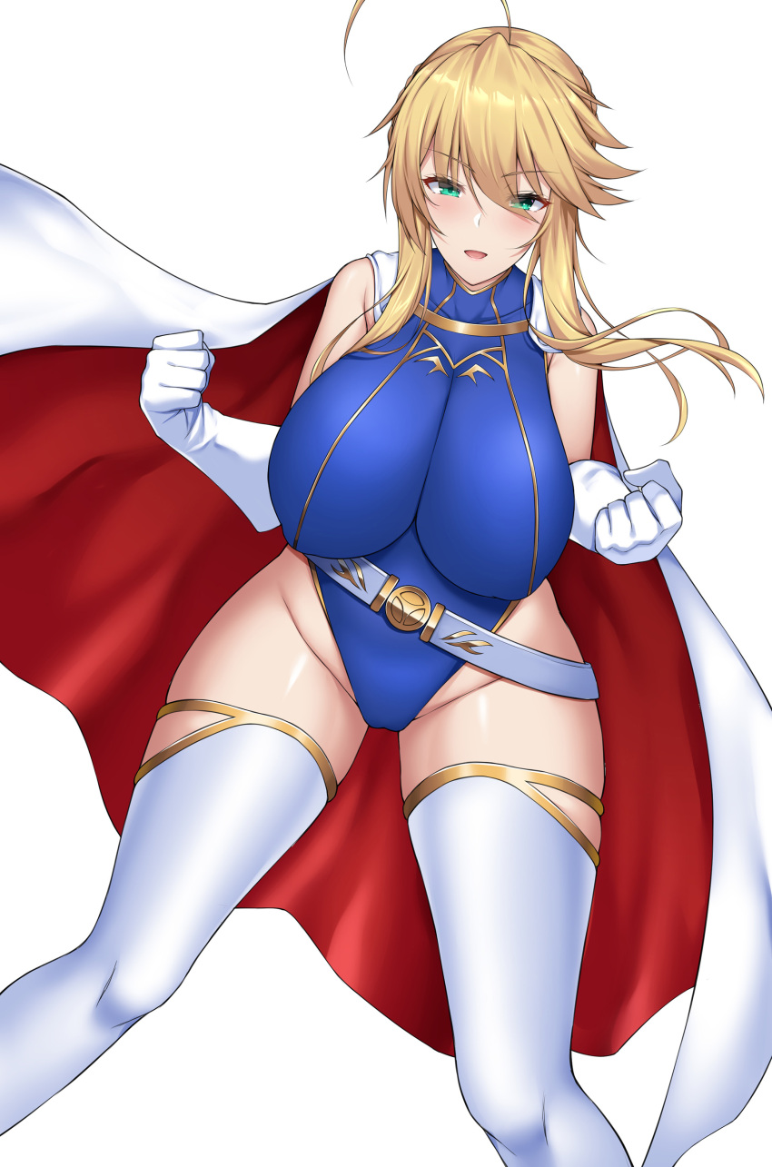 1girl ;d absurdres artoria_pendragon_(fate) artoria_pendragon_(lancer)_(fate) bangs belt blonde_hair blue_leotard breasts cameltoe cape elbow_gloves fate/grand_order fate_(series) gloves green_eyes highres large_breasts leotard looking_at_viewer nekosama_shugyouchuu one_eye_closed open_mouth simple_background smile solo thighhighs white_background white_cape white_gloves white_legwear