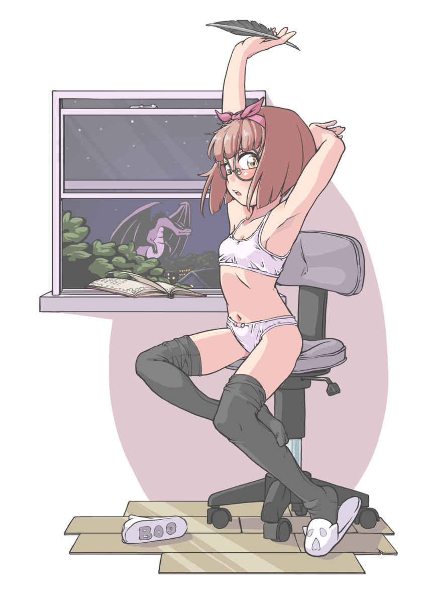 1girl arm_above_head arm_behind_head black_legwear blush bookmark bow bow_panties bra breasts brown_hair cardcaptor_sakura chair dragon glasses hair_bow highres horns jarv looking_at_viewer loose_thighhigh navel office_chair open_mouth panties pink_bow quill short_hair single_slipper slippers small_breasts solo stretch thighhighs thighs tree underwear white_panties window wooden_floor yanagisawa_naoko