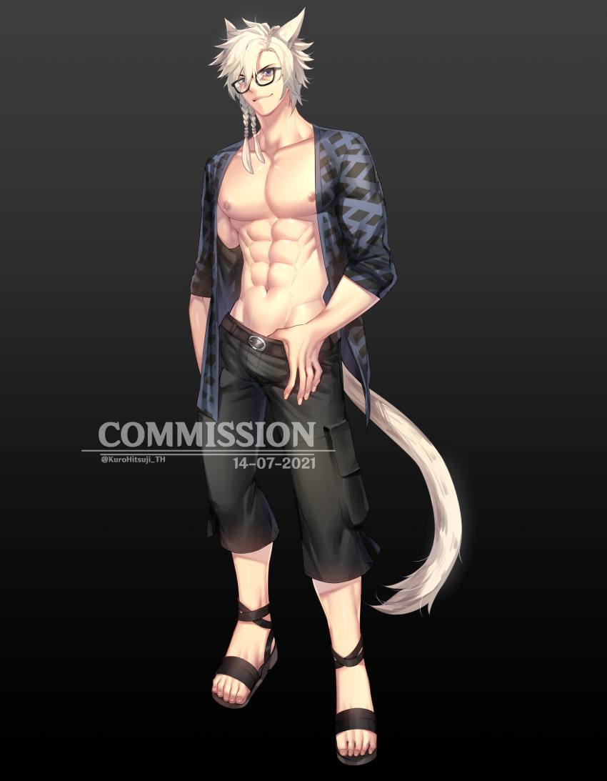 abs absurdres animal_ears cat_ears commission final_fantasy final_fantasy_xiv glasses highres kurohitsuji_th miqo'te muscular nipples open_clothes open_shirt