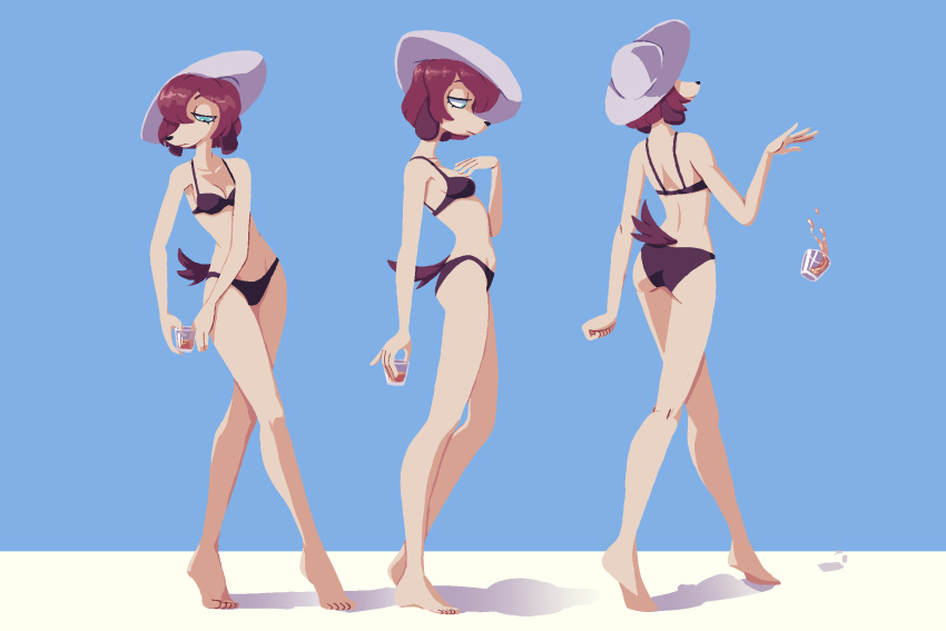 alcohol anthro beach beverage bikini brown_hair canid canine canis clothing container cup domestic_dog drinking_glass female fur glass glass_container glass_cup hair hi_res littering mammal misha_(colo) seaside shot_glass solo sun_hat swimwear tan_body tan_fur vgfm walking