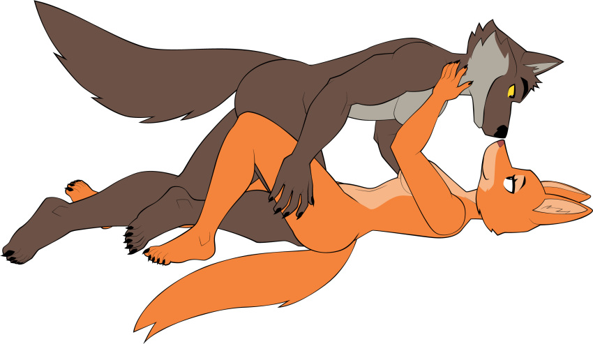 5_fingers 5_toes anthro canid canine canis claws couple_(disambiguation) cuddling diane_foxington dreamworks duo eye_contact feet female fingers fox happy hi_res looking_at_another male male/female mammal mr._wolf_(the_bad_guys) nude sparksstars the_bad_guys toes wolf