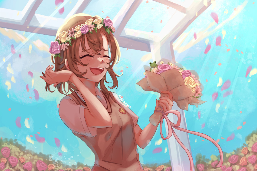 1girl absurdres bangs blue_sky blush bouquet brown_hair brown_vest cherrhara closed_eyes cowboy_shot crossed_bangs dutch_angle gekota hair_between_eyes happy_birthday head_wreath highres medium_hair misaka_mikoto open_mouth petals school_uniform shirt sky smile solo teeth toaru_kagaku_no_railgun toaru_majutsu_no_index tokiwadai_school_uniform upper_teeth vest white_shirt