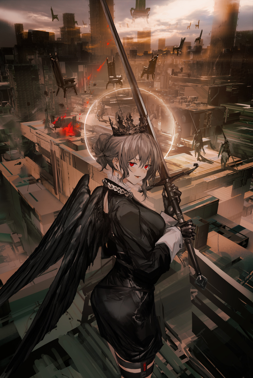 1girl absurdres bangs bird_wings black_dress black_gloves black_wings chair city commentary cowboy_shot crown dress earrings floating floating_object frills gloves grey_hair hair_bun halo highres holding holding_sword holding_weapon holster jewelry lm7_(op-center) long_sleeves looking_at_viewer looking_back original outdoors ponytail red_eyes short_dress short_hair sidelocks solo standing sword thigh_holster thigh_strap tongue tongue_out weapon wings