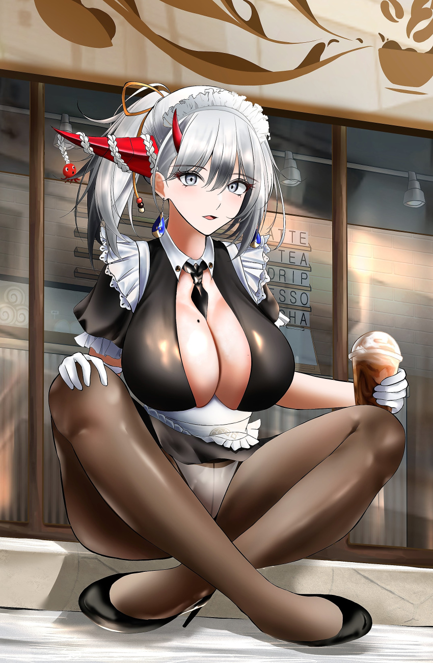 1girl absurdres apron asymmetrical_horns azur_lane between_breasts black_dress black_footwear black_necktie blue_gemstone breasts brown_legwear center_opening cleavage crossed_legs cup disposable_cup dress earrings eyebrows_visible_through_hair frilled_apron frills full_body gem gloves hair_on_horn hairband hakuryuu_(azur_lane) hakuryuu_(slice_dice_and_serve)_(azur_lane) high_heels highres holding holding_cup horns huge_breasts jewelry looking_at_viewer maid_headdress mole mole_on_breast necktie necktie_between_breasts official_alternate_costume outdoors panties panties_under_pantyhose pantyhose pantyshot red_horns shoes short_sleeves sitting solo suji_7772 underwear white_apron white_eyes white_gloves white_hair white_hairband white_horns white_panties window
