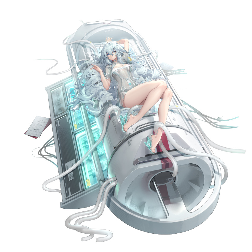 1girl absurdres arm_up bangs bare_legs bare_shoulders barefoot blue_eyes breasts dress feet girls'_frontline girls'_frontline_neural_cloud grey_hair hair_between_eyes high_heels highres large_breasts long_hair looking_at_viewer machinery messy_hair official_art pa-15_(girls'_frontline) parted_lips pipe see-through shanyao_jiang_tororo slingshot_swimsuit solo swimsuit swimsuit_under_clothes thighs very_long_hair white_background white_dress white_footwear