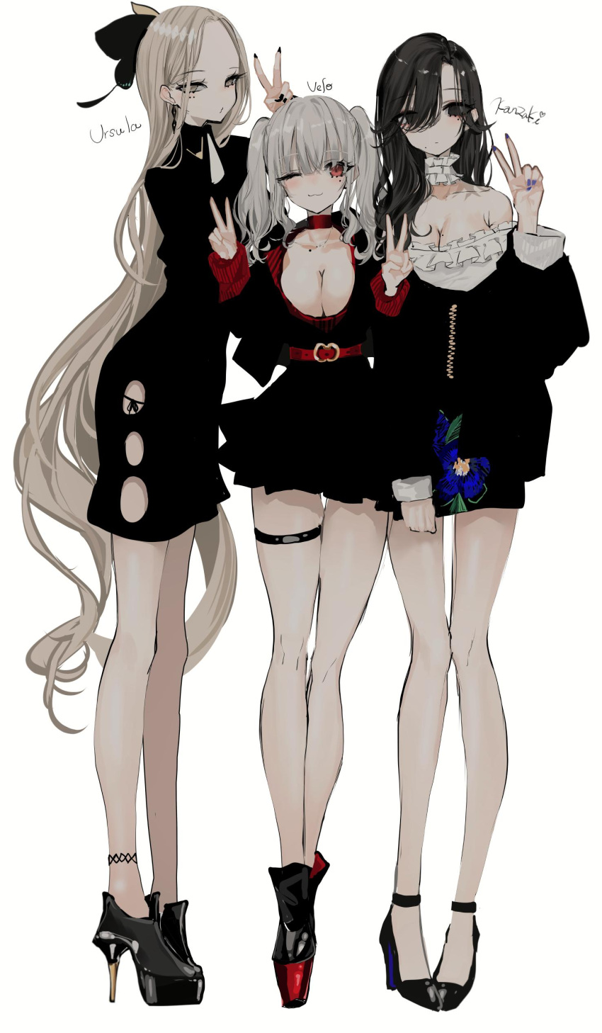 3girls :3 absurdres ankle_boots belt black_bow black_dress black_eyes black_hair boots bow breasts character_name choker cleavage closed_mouth dress fingernails grey_eyes grey_hair hair_bow hand_up high_heel_boots high_heels highres large_breasts long_hair long_legs looking_at_viewer mole mole_on_breast mole_under_eye multiple_girls nail_polish narue one_eye_closed original pale_skin purple_nails red_belt red_choker short_dress smile standing thigh_gap thigh_strap twintails v very_long_hair