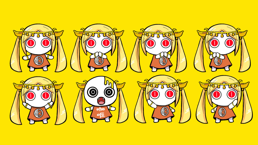 aimaina blonde_hair bracelet brown_dress chibi commentary_request cosmospice_(vocaloid) doushite-chan dress hair_ornament highres jewelry long_hair official_art pinocchio-p red_eyes simple_background slit_pupils twintails vocaloid yellow_background yellow_theme