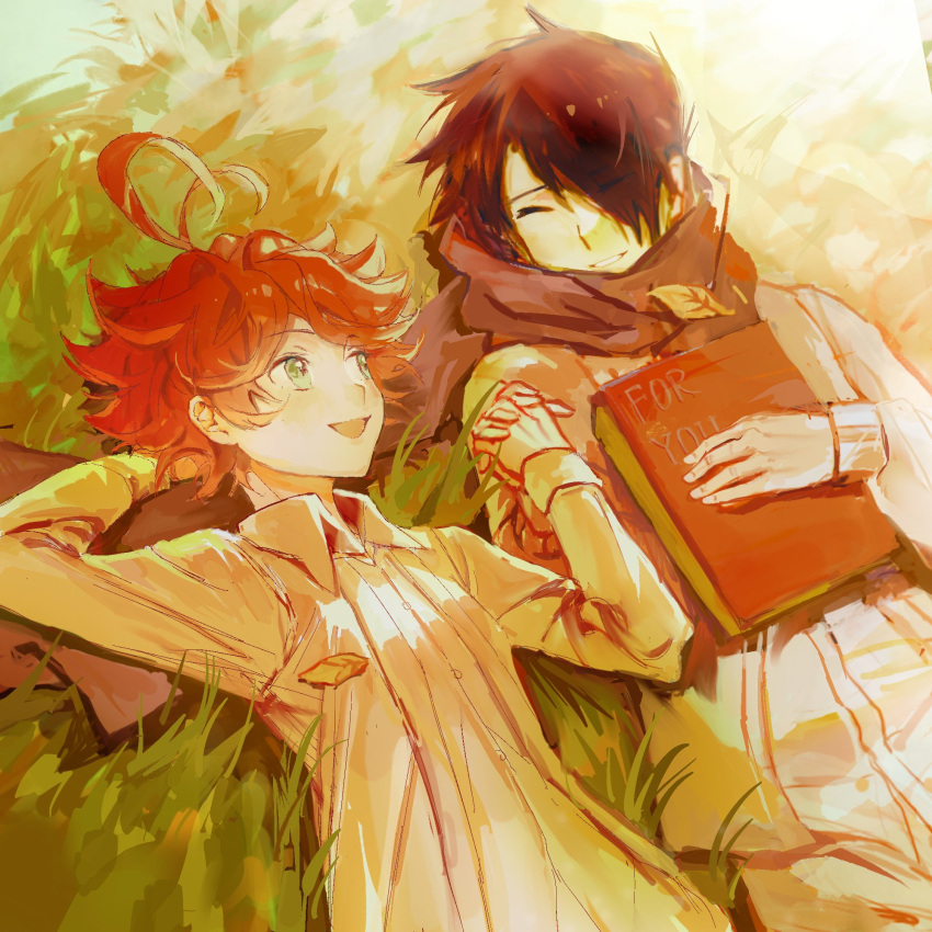 1boy 1girl ahoge all_275927 book brown_scarf closed_eyes emma_(yakusoku_no_neverland) eyebrows_visible_through_hair grass highres holding holding_book holding_hands looking_at_another lying on_back open_mouth orange_hair outdoors ray_(yakusoku_no_neverland) scarf yakusoku_no_neverland