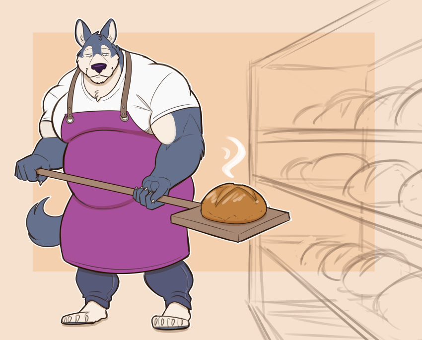 4_toes 5_fingers absurd_res anthro apron baking belly black_nose blue_bottomwear blue_clothing blue_pants bottomwear bread canid canine canis claws clothing feet fingers food fur grey_body grey_fur hi_res lizard_soup male mammal musclegut muscular muscular_anthro muscular_male overweight overweight_anthro overweight_male pants pecs peel_(cooking_utensil) purple_apron shelf shirt smile solo steam toes tommy_(jeffieb19) topwear white_clothing white_shirt white_topwear wolf