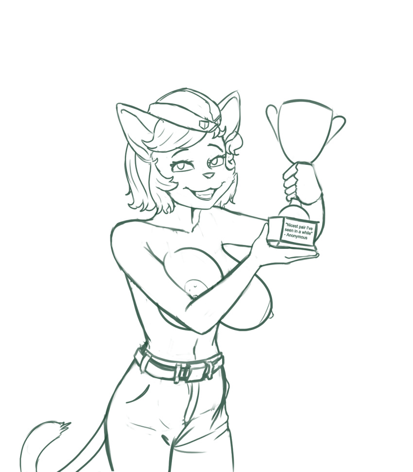 1:1 2022 anthro award big_breasts breasts callmewritefag clothed clothing cyberconnect2 digital_drawing_(artwork) digital_media_(artwork) domestic_cat english_text felid feline felis female fuga:_melodies_of_steel fur hair hi_res little_tail_bronx looking_at_viewer mammal monochrome muscat_(fuga) nipples shirtless simple_background sketch smile solo text trophy video_games