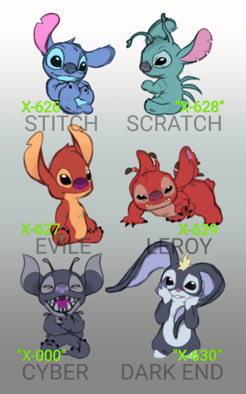 10:16 4_toes absurd_res alien antennae_(anatomy) back_markings back_spines big_ears black_claws black_eyes blonde_hair blue_body blue_fur blue_nose character_name chest_tuft claws cyber_(stitch!) dark_end_(stitch!) dipstick_antennae dipstick_ears disney ear_markings english_text experiment_(lilo_and_stitch) experiment_627 facial_markings feet fur gradient_background green_body green_fur group hair hand_on_face head_markings head_tuft hi_res huhsuabee leroy_(lilo_and_stitch) lilo_and_stitch looking_at_viewer markings multi_arm multi_limb multicolored_antennae multicolored_ears narrowed_eyes notched_ear open_mouth open_smile pink_nose purple_body purple_claws purple_fur purple_nose red_body red_fur red_nose scratch_(stitch_and_ai) sharp_teeth simple_background sitting small_tail smile squint stitch! stitch_(lilo_and_stitch) stitch_and_ai teeth teeth_showing text toes tuft