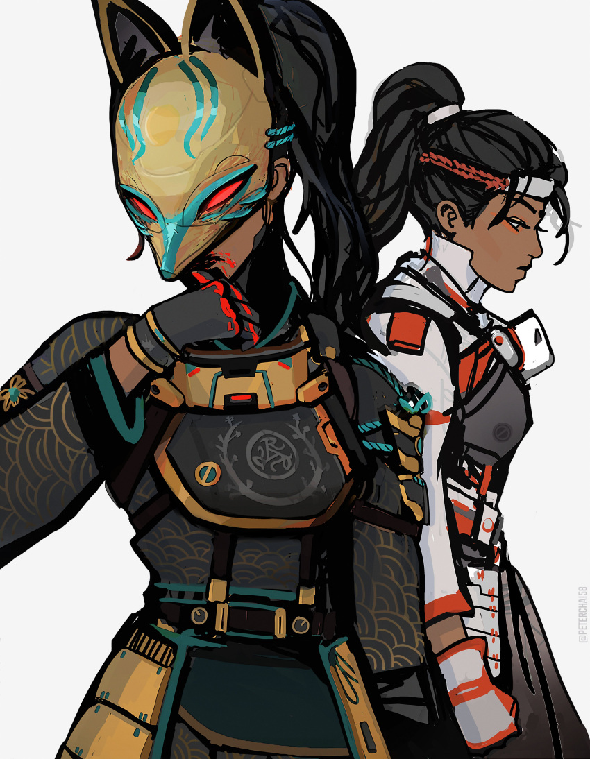 2girls absurdres apex_legends artist_name black_gloves black_jacket blood blood_on_face blood_on_hands crafty_kitsune_rampart dark-skinned_female dark_skin dual_persona eyeshadow fox_mask gloves grey_background hair_behind_ear highres jacket looking_down makeup mask multiple_girls official_alternate_costume orange_eyeshadow peter_chai ponytail rampart_(apex_legends) sly_fox_rampart white_jacket