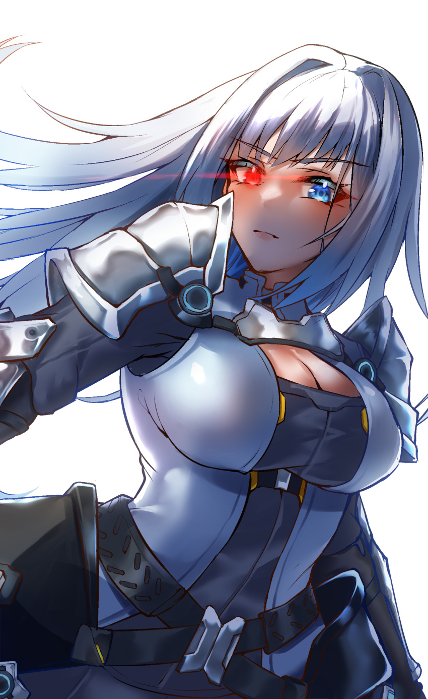 1girl absurdres armor blue_eyes breasts cleavage_cutout clothing_cutout ethel_(xenoblade) heterochromia highres large_breasts long_hair red_eyes shoulder_armor siebolds_demon simple_background solo white_background xenoblade_chronicles_(series) xenoblade_chronicles_3