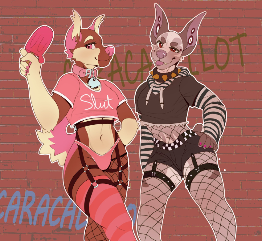 anthro belt blep bottomwear brick_wall bulge canid canine canis caracalpilot_(artist) clothing collar crop_top crop_top_hoodie dobermann domestic_dog duo ear_piercing ear_tuft fangs female female/female fishnet fishnet_bodysuit fishnet_legwear flesh_tunnel food garter_belt garter_straps gauged_ear half-closed_eyes hi_res hotpants inner_ear_fluff legwear mammal narrowed_eyes pattern_clothing pattern_legwear pattern_stockings piercing pinscher popsicle shirt shorts smile smirk smug smug_face smug_grin stockings striped_clothing striped_legwear striped_stockings stripes thong tongue tongue_out topwear tuft underwear wall_(structure)