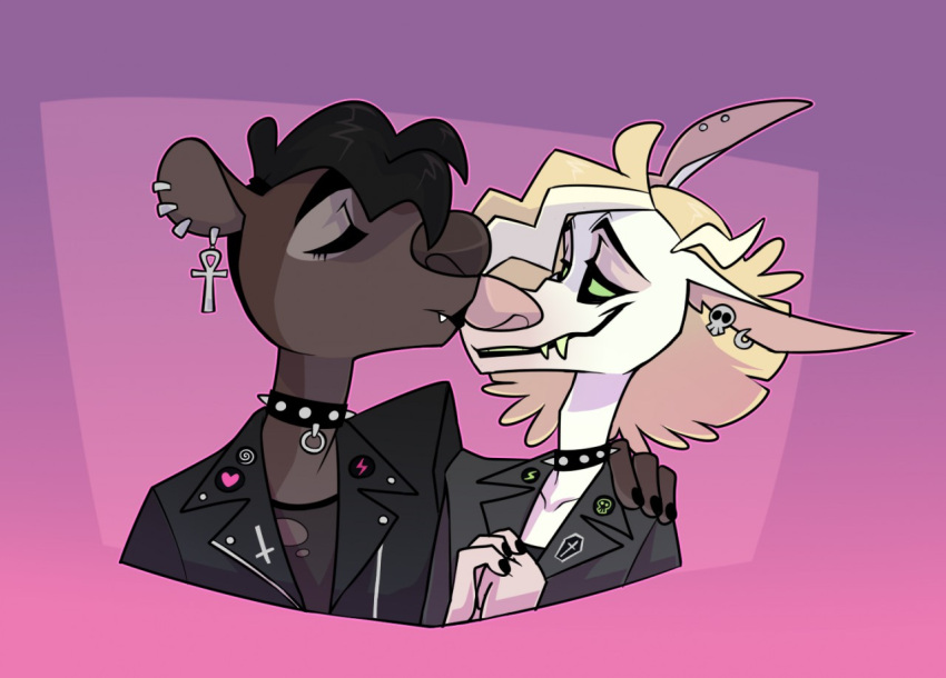 anthro black_hair blonde_hair boyfriends brown_body brown_fur cadaverrdog canid canine canis clothing collar domestic_dog duo ear_piercing ear_ring ears_down euplerid eyelashes eyes_closed fangs fossa fur goth green_sclera hair half-closed_eyes herding_dog issac_(cadaverrdog) jacket kissing leather leather_clothing leather_jacket leather_topwear lips love male male/male mammal narrowed_eyes nose_kiss pastoral_dog piercing pink_background pivoted_ears punk raziel_(fleetwoodbrak) romantic romantic_couple simple_background smile studded_collar thick_bottom_lip topwear white_body white_fur