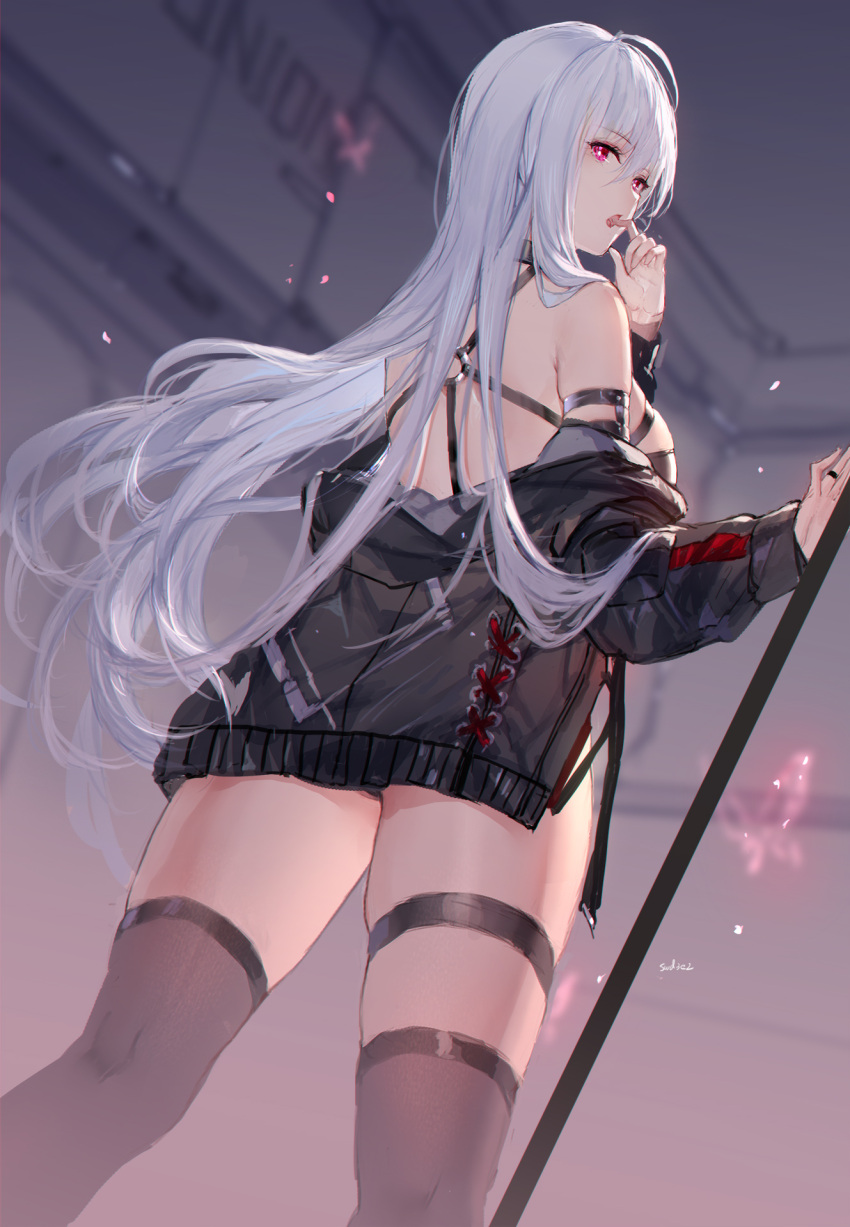 1girl bare_shoulders black_jacket black_legwear closers from_behind highres jacket jewelry long_hair long_sleeves looking_at_viewer looking_back mirae_(closers) o-ring off_shoulder open_mouth purple_eyes ring solo standing swd3e2 thigh_strap thighhighs thighs white_hair