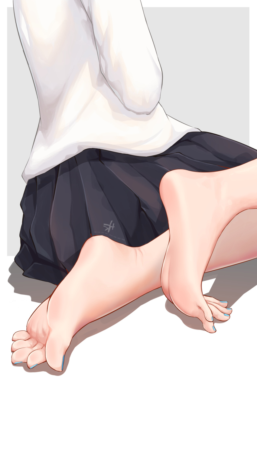 1girl barefoot blue_nails feet foot_focus highres nail_polish school_uniform serafuku shirt simple_background skirt soles toenail_polish toenails toes wcks0774 white_background white_shirt