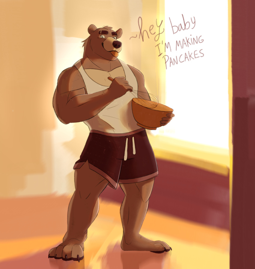 anthro baking barefoot biceps big_muscles bottomwear claws clothed clothing cooking deltoids feet food greysalis hi_res holding_object kitchen kitchen_utensils light looking_at_viewer male mammal manly mixing_bowl morning muscular muscular_anthro muscular_male pancake paws pecs shaded shirt shorts simple_background sleeveless_shirt smile soft_shading solo sport sunlight tank_top tongue tongue_out tools topwear ursid