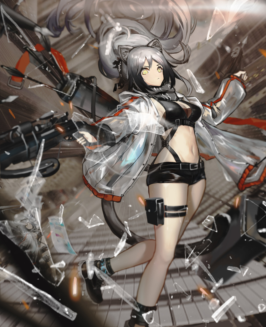 1girl absurdres animal_ears arknights bare_legs black_footwear black_shorts breasts broken_glass cat_ears cleavage commentary crop_top crossbow foot_out_of_frame glass grey_hair highres holding holding_crossbow holding_weapon hyv_(rwrf8343) infection_monitor_(arknights) jacket long_hair long_sleeves looking_at_viewer medium_breasts midriff navel open_clothes open_jacket ponytail pouch schwarz_(arknights) shoes short_shorts shorts solo stomach thigh_strap thighs weapon white_jacket yellow_eyes