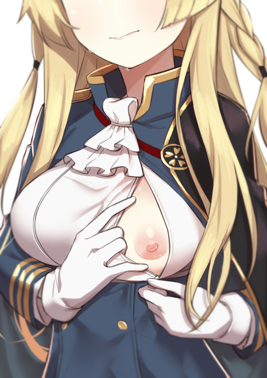 1girl azur_lane blonde_hair gloves head_out_of_frame highres kongou_(azur_lane) long_hair morisobo nipples no_bra one_breast_out simple_background solo very_long_hair white_background