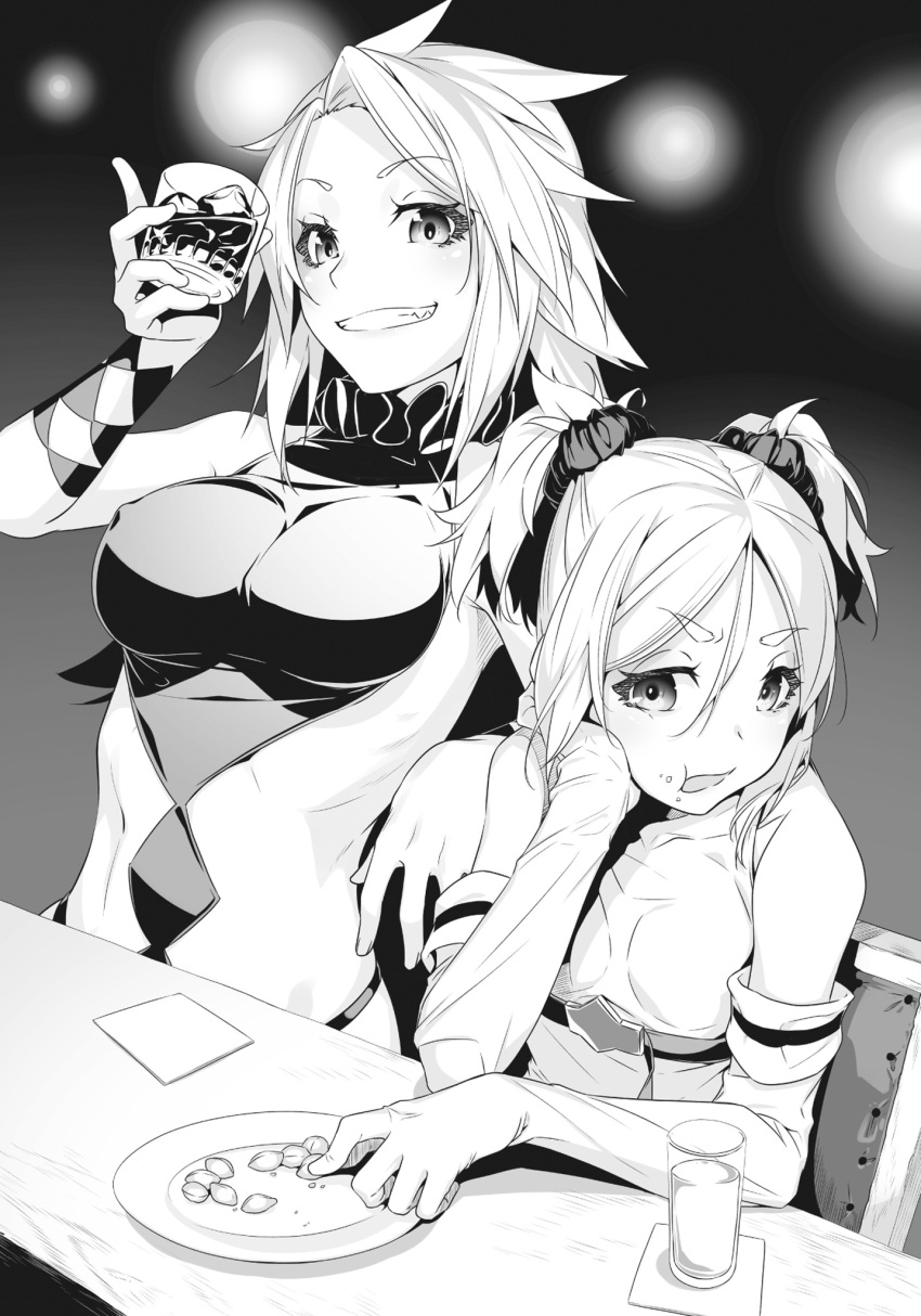 2girls ashuna_grisarika backless_dress backless_outfit blonde_hair breasts clothing_cutout culottes diamond_cutout dress eating elbow_gloves glass gloves hair_ribbon highres large_breasts long_hair looking_to_the_side momo_(virgin_road) multiple_girls nilitsu official_art pink_hair ribbon shokei_shoujo_no_virgin_road smile stomach_cutout turtleneck_dress twintails white_dress
