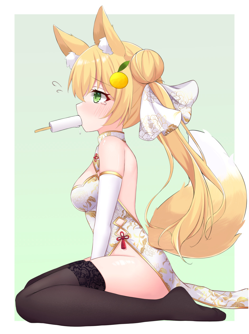 1girl absurdres animal_ear_fluff animal_ears backless_dress backless_outfit bare_shoulders between_legs black_legwear border breasts center_opening china_dress chinese_clothes commentary_request double_bun dress elbow_gloves eyebrows_visible_through_hair facing_to_the_side food fox_ears fox_girl fox_tail gloves gold_trim green_eyes hair_between_eyes hair_ornament hand_between_legs highres kurashina_yuzuki lace-trimmed_legwear lace_trim original pantyhose popsicle side-tie_dress sideboob sidelocks sitting solo tail tail_raised tassel tears thighhighs thighs twintails two-tone_background wariza white_border white_dress