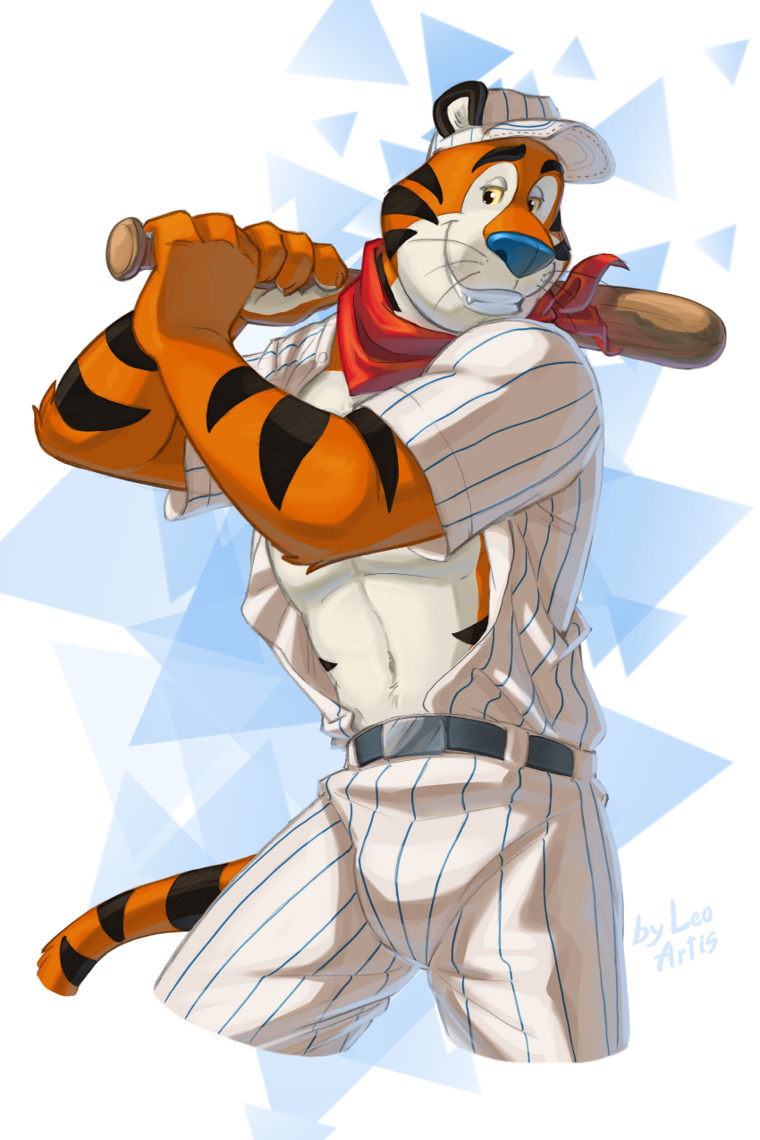 absurd_res anthro baseball_(sport) baseball_cap baseball_uniform clothing felid frosted_flakes hat headgear headwear hi_res kellogg's leo-artis male mammal mascot pantherine solo sport sportswear tiger tony_the_tiger uniform