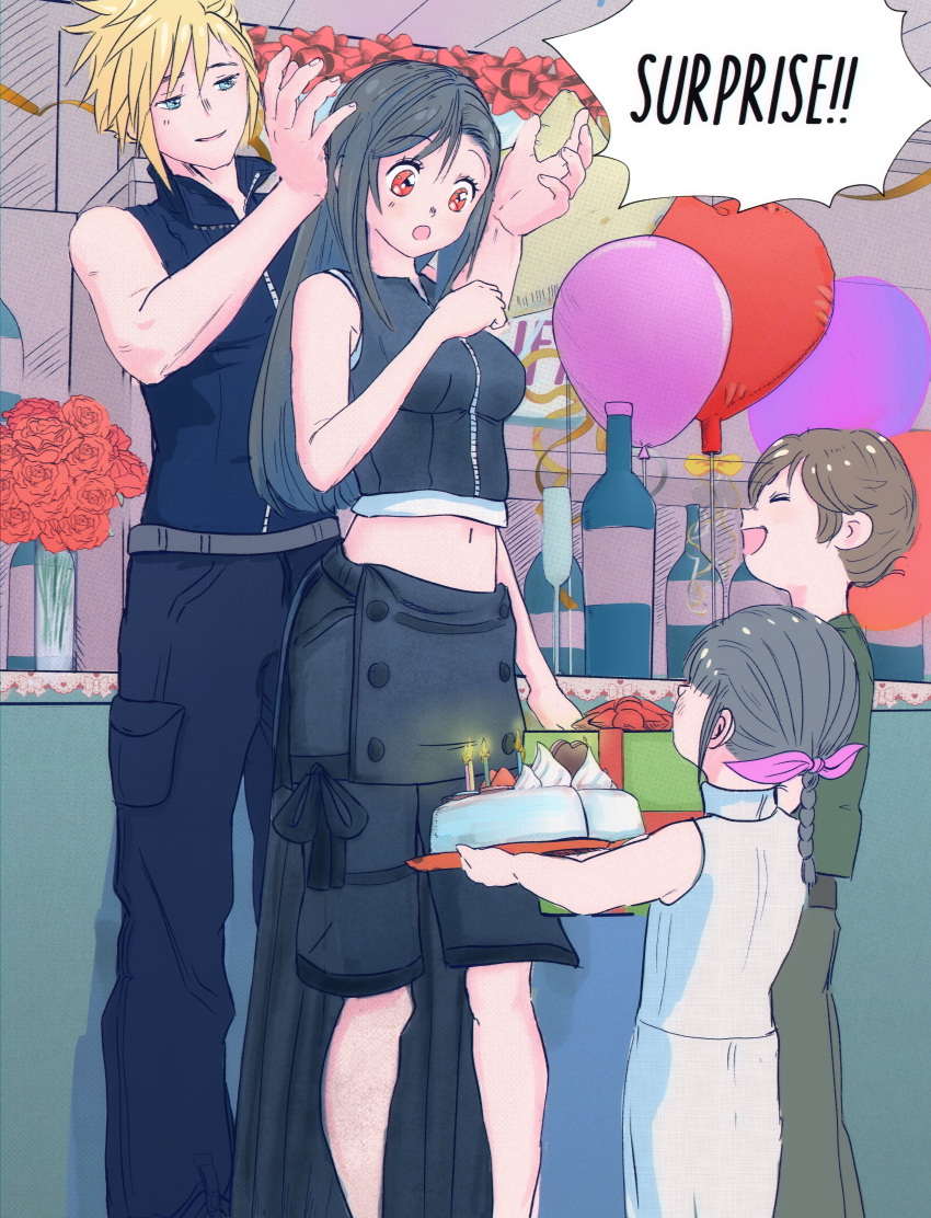 2boys 2girls absurdres apron balloon bare_shoulders birthday_cake birthday_party black_hair blonde_hair blue_eyes bottle braid braided_ponytail brown_hair cake child cloud_strife couple cup denzel english_text family final_fantasy final_fantasy_vii final_fantasy_vii_advent_children flower food hair_ribbon happy_birthday highres holding holding_cake holding_food hugo_artist long_hair marlene_wallace midriff multiple_boys multiple_girls navel red_eyes ribbon shorts sleeveless sleeveless_turtleneck speech_bubble spiked_hair surprised tifa_lockhart turtleneck waist_apron