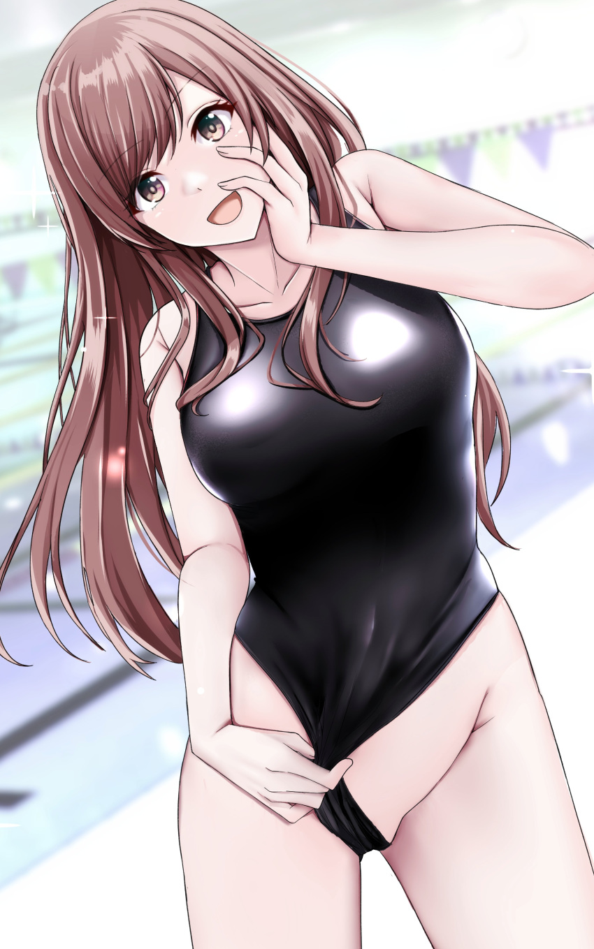 1girl absurdres bangs bare_arms bare_shoulders black_swimsuit blurry blurry_background breasts brown_eyes brown_hair collarbone commentary commentary_request cowboy_shot eyebrows_visible_through_hair highres idolmaster idolmaster_shiny_colors large_breasts looking_at_viewer one-piece_swimsuit open_mouth osaki_amana pool shohei_(piranha5hk) smile swimsuit thighs