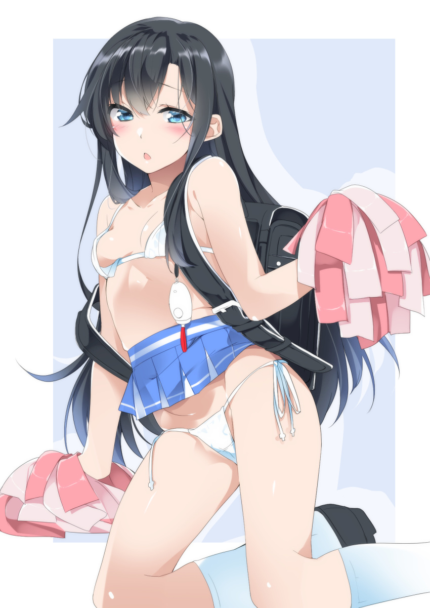 1girl asashio_(kancolle) bikini black_footwear black_hair blue_eyes blue_skirt blush breasts collarbone eyebrows_visible_through_hair hair_between_eyes highres holding holding_pom_poms kantai_collection kneehighs long_hair mtu_(orewamuzituda) open_mouth pleated_skirt pom_pom_(cheerleading) skirt small_breasts solo swimsuit white_bikini white_legwear