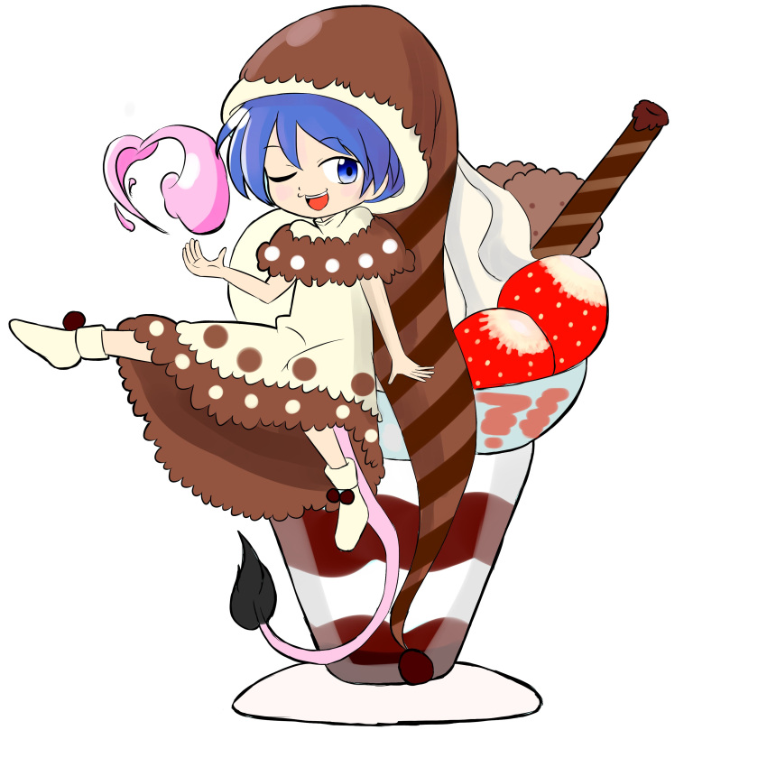 1girl absurdres alternate_color alternate_element blob blue_eyes blue_hair brown_capelet brown_dress brown_headwear capelet chocolate commentary_request doremy_sweet dream_soul dress food fruit hat highres ice_cream nightcap nightgown one_eye_closed open_mouth pom_pom_(clothes) short_hair sitting solo strawberry tail tapir_tail teeth touhou upper_teeth white_dress