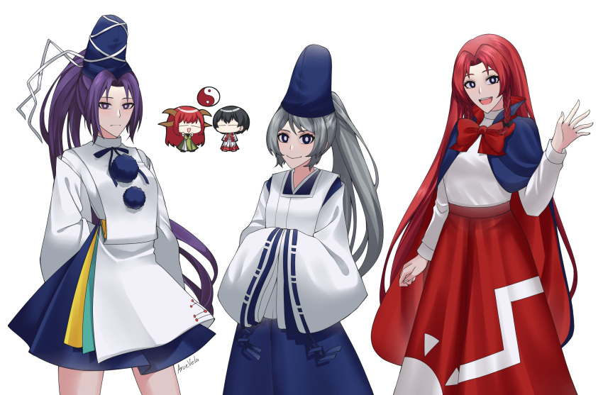1boy 4girls :| arms_behind_back aroevela black_hair blue_cape blue_eyes blue_hakama blue_pants blue_ribbon blue_skirt breasts cape chibi closed_mouth commentary_request cosplay detached_sleeves forehead grey_hair hakama hakama_pants hands_in_opposite_sleeves hat hat_ribbon highres hong_meiling hong_meiling_(cosplay) horns japanese_clothes kariginu long_hair long_skirt long_sleeves meira_(touhou) mononobe_no_futo mononobe_no_futo_(cosplay) multiple_girls neck_ribbon pants pom_pom_(clothes) purple_eyes purple_hair red_hair red_hakama ribbon shingyoku_(female) shingyoku_(male) shingyoku_(touhou) shingyoku_(touhou)_(cosplay) shirt short_hair simple_background skirt small_breasts smile sun_print tate_eboshi thighs touhou touhou_(pc-98) turtleneck upper_body very_long_hair white_background white_ribbon white_shirt white_tabard wide_sleeves
