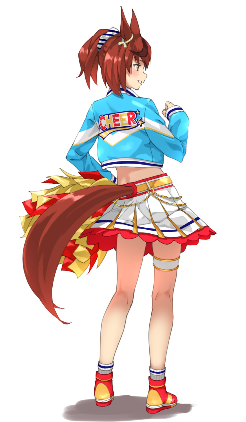 1girl absurdres animal_ears brown_eyes brown_hair cheerleader commentary from_behind full_body hair_ornament hair_scrunchie hand_on_hip highres horse_ears horse_tail kneepits long_sleeves looking_away nice_nature_(umamusume) parted_lips pom_pom_(cheerleading) scrunchie short_hair simple_background skirt solo standing striped striped_scrunchie tail tail_through_clothes tanabe_(fueisei) thigh_strap umamusume white_background