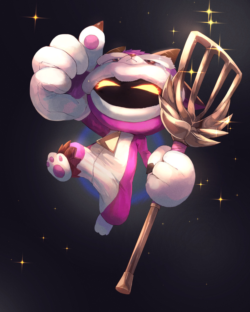 1boy absurdres black_background cosplay furyhorn_cosplay_veigar glowing glowing_eyes gradient gradient_background highres holding holding_spatula horns league_of_legends ohako_(ohako1818) oversized_object sparkle spatula veigar yordle