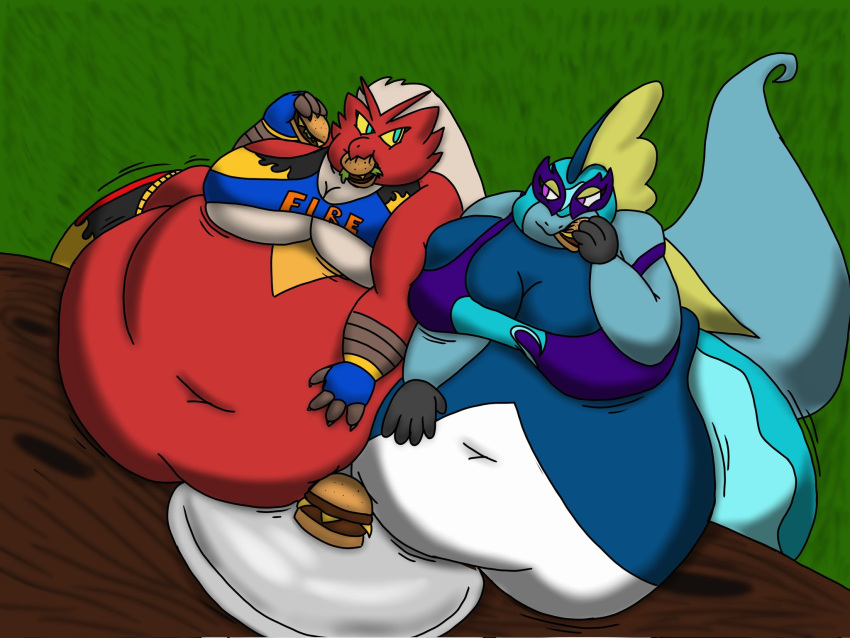 2022 anthro avian beak belly big_belly big_breasts bird blaziken blue_body blue_eyes blue_skin breasts chica_(maskedcharizard) cleavage clothed clothing digital_media_(artwork) duo eating eating_contest eye_contact feathers female food gloves gloves_(marking) handwear hi_res huge_breasts hyper hyper_belly inteleon lizard looking_at_another markings mask morbidly_obese morbidly_obese_anthro morbidly_obese_female nintendo obese obese_anthro obese_female overweight overweight_anthro overweight_female pearl_(maskedcharizard) pok&eacute;mon pok&eacute;mon_(species) red_body red_feathers reptile scalie simple_background sports_mask sportswear under_boob underdoggo video_games white_belly wide_hips wrestling_mask wrestling_outfit