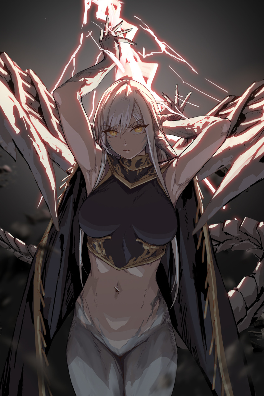 1girl ancient_dragon_lansseax angry aquila-n armpits arms_up black_shirt bottomless breasts cape cropped_shirt dragon_girl dragon_horns dragon_tail dragon_wings elden_ring highres holding_lightning_bolt horns large_breasts lightning long_hair looking_at_viewer navel personification red_lightning scales shirt slit_pupils solo stomach tail v-shaped_eyebrows very_long_hair white_hair wings yellow_eyes