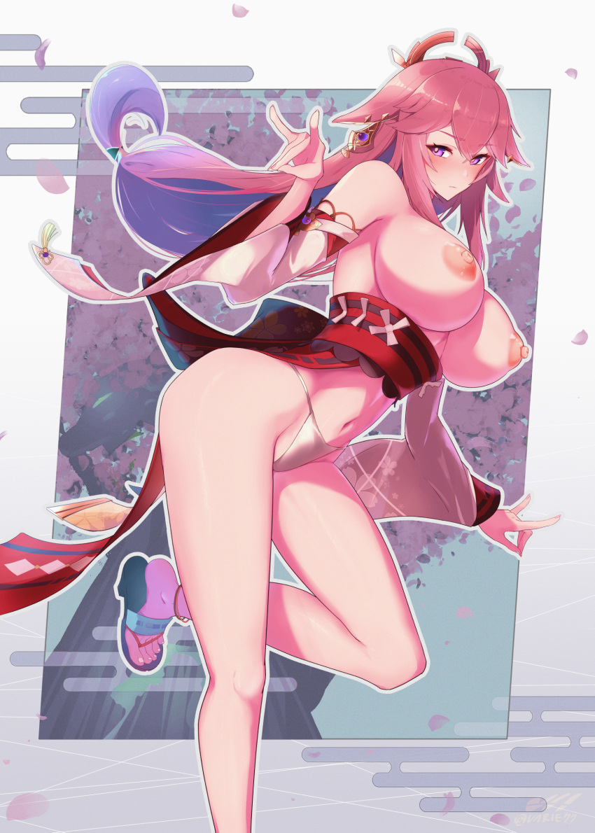 1girl anklet bare_shoulders breasts commentary_request detached_sleeves feet g-string genshin_impact hair_between_eyes hair_ornament hand_up highres japanese_clothes jewelry large_breasts nipples nontraditional_miko partial_commentary pink_hair purple_eyes sandals sideboob smile solo thong varie7k wide_sleeves yae_miko
