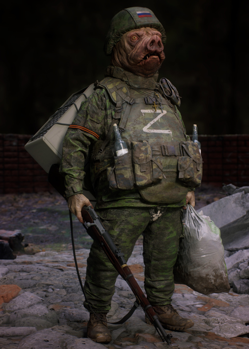 2022 absurd_res anthro appliance armor beer_bottle boots bottle camo chubby_male clothing combat_boots crucifix domestic_pig footwear fridge gun headgear helmet hi_res holding_bag holding_gun holding_object holding_weapon kitchen_appliance male mammal military_clothing military_jacket military_pants military_uniform mosin_nagant night pink_body pink_skin politics ranged_weapon russia russian russo-ukranian_war sadan_vague slightly_chubby soldier solo straps suid suina sus_(pig) trash_bag uniform wall_(structure) war warrior weapon yellow_eyes z_(military_symbol)