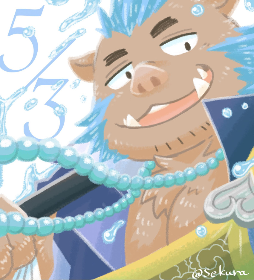 anthro blue_hair brown_body brown_fur facial_hair fur gouryou hair hi_res jewelry lifewonders male mammal necklace pecs sekurana solo suid suina sus_(pig) tokyo_afterschool_summoners tusks video_games water wild_boar