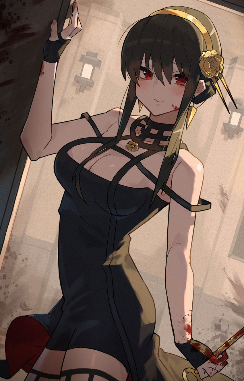 1girl bare_shoulders black_dress black_gloves black_hair blood blood_on_face blood_on_hands blood_on_wall blood_on_weapon breasts choker cleavage closed_mouth cowboy_shot dress earrings gloves hairband hand_up highres jewelry katsu_(katsupainter) looking_at_viewer medium_breasts rose_hair_ornament sleeveless sleeveless_dress spy_x_family strapless strapless_dress thighhighs weapon yor_briar
