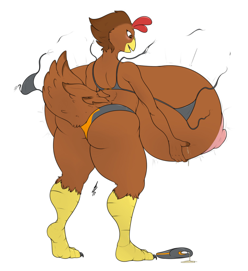 2017 alpha_channel anthro areola avian beak big_breasts big_nipples bikini biped bird breast_expansion breasts brown_eyes chicken clothing expansion female galliform gallus_(genus) hi_res holding_breast huge_breasts hyper hyper_breasts limitedvision nipples open_beak open_mouth outline phasianid rhode_island_red ruthie_(grimmagent) simple_background solo sun_lotion swimwear torn_clothing transparent_background white_outline