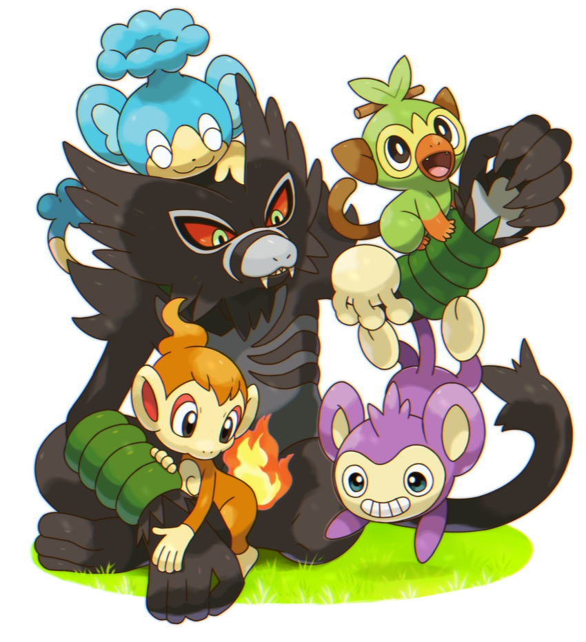 :3 ^_^ aipom chimchar closed_eyes closed_mouth commentary_request fire grass grookey highres no_humans panpour pokemon pokemon_(creature) pokemon_on_arm rorosuke sitting smile zarude