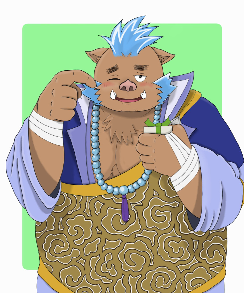 anthro blue_hair blush brown_body brown_fur embarrassed fur gift_bow gift_box gouryou hair hi_res lifewonders male mammal one_eye_closed overweight solo suid suina sus_(pig) tankyuki_tanu tokyo_afterschool_summoners video_games wild_boar wink